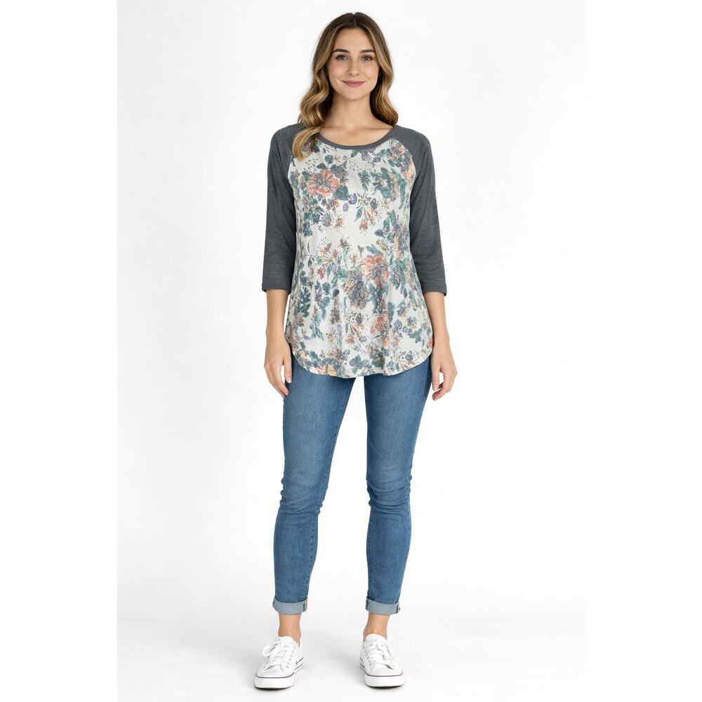 Mittoshop Floral 3/4 Sleeve Baseball Tee Shirt Womens Size Large Grey White New